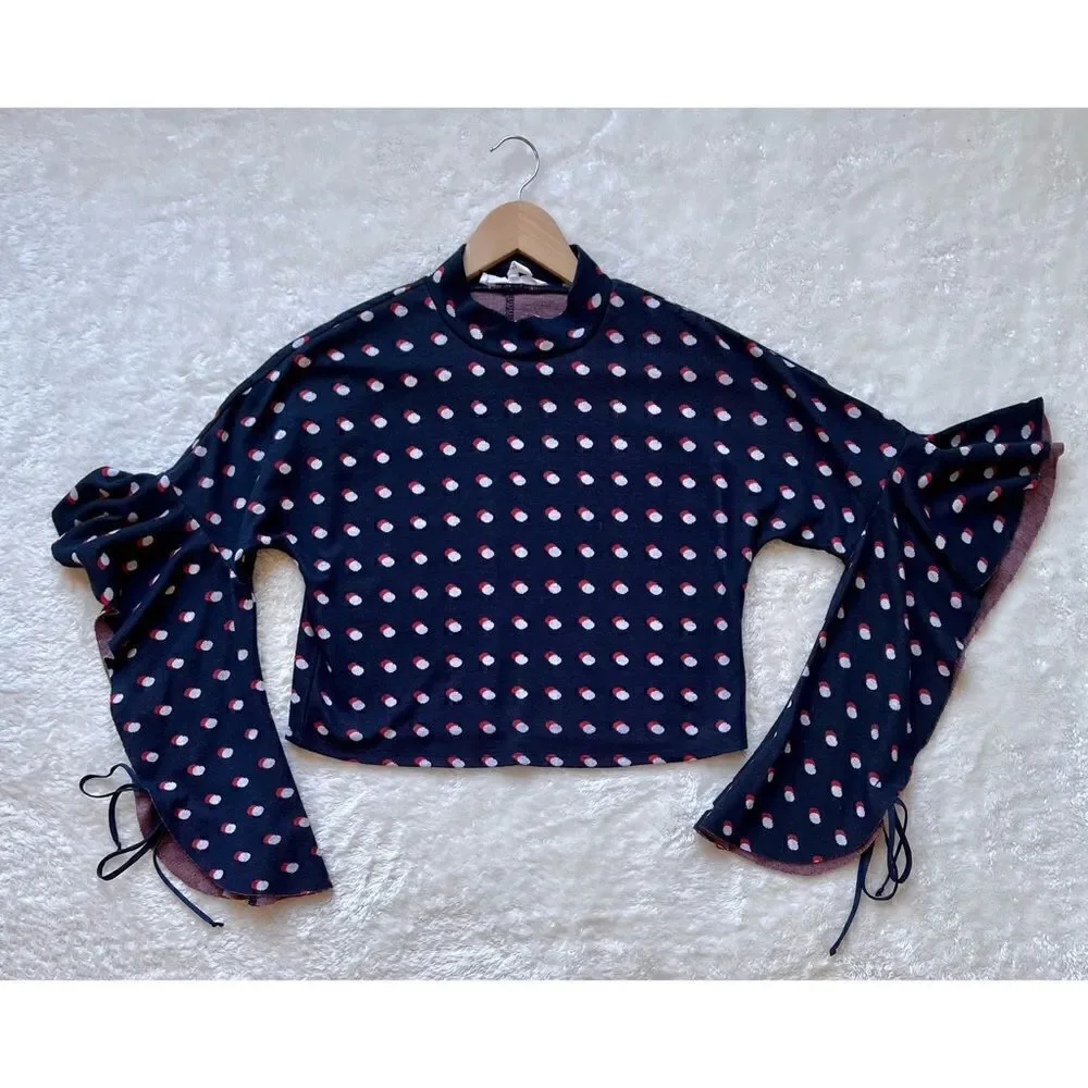 BCBGeneration Blue, Red & White Polka Dot Flutter Sleeves Mock Neck Crop Top